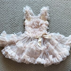 Popatu Blush Pink Layered Tulle Dress with Gold Polka Dot Bow